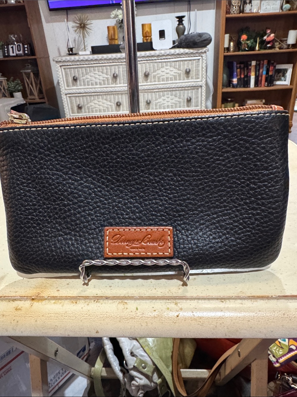 Dooney & Bourke Black Pebbled Leather Zip ID pouch with Tan Logo Trim